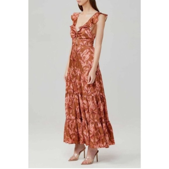 New Significant Other Maxi Dress Soller Palm Tree Print Orange Layered Hem - Picture 2 of 4
